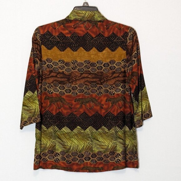 Women's CACTUS FLOWER African Jungle Themed 3/4 Sleeve Button Blouse; Size XS - Picture 2 of 4
